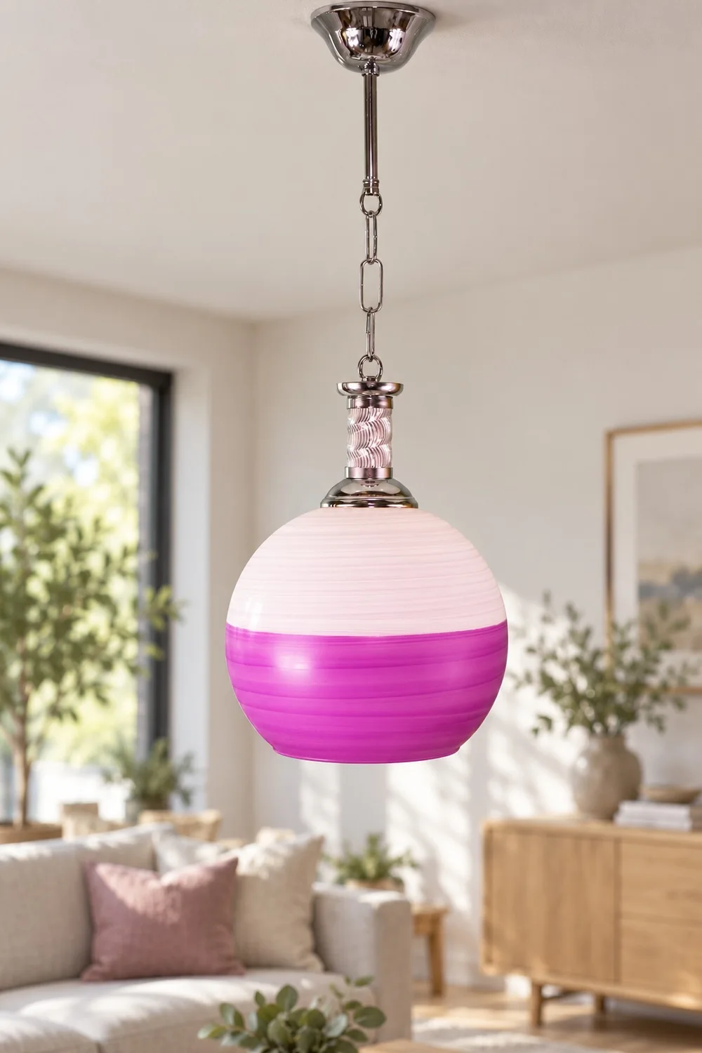 Tekli Opal Cam Avize Sarkıt Beyaz Fuşya Salon Yatak Odası
