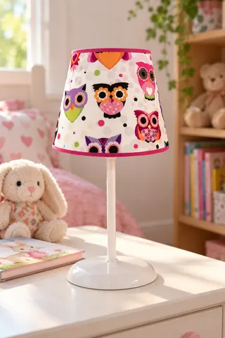 Çocuk Odası Konik Kumaş Abajur Masa Lambası 13,5 cm Fuşya Baykuş