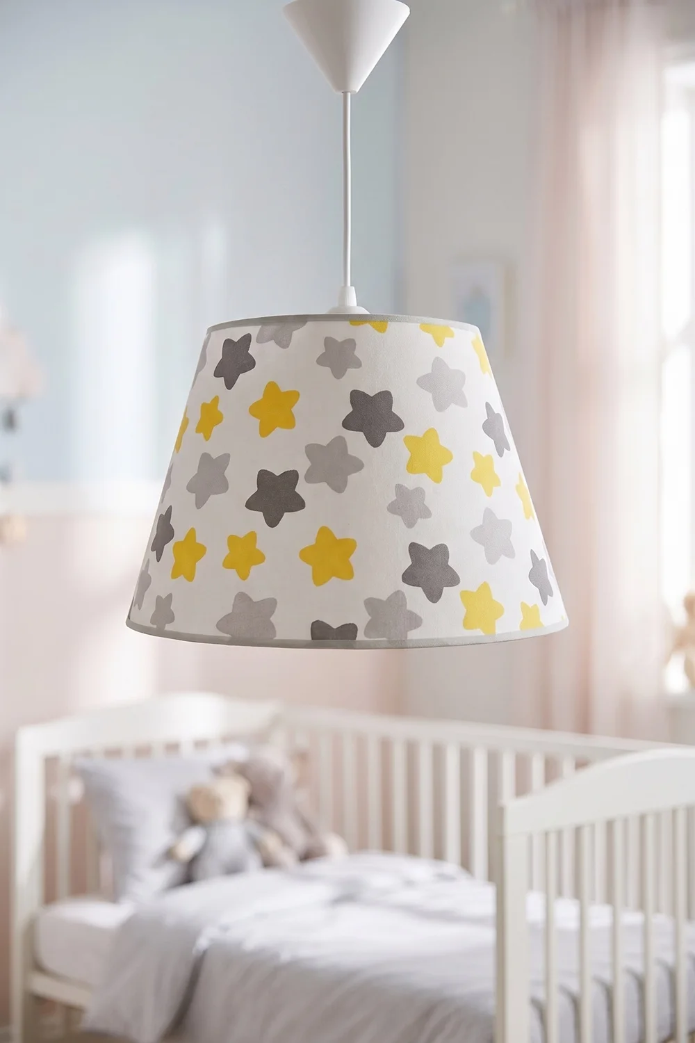 Bebek ve Çocuk Odası Konik Kumaş Sarkıt Avize 20 cm Gri Sarı Yıldız