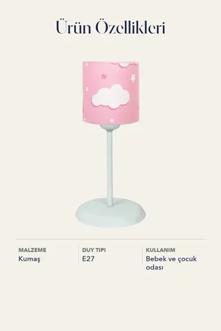 Bebek ve Çocuk Odası Silindir Kumaş Abajur Masa Lambası Pembe Bulut — 5. görsel