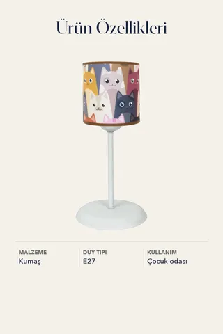 Çocuk Odası Silindir Kumaş Abajur Masa Lambası Sevimli Kediler — 4. görsel