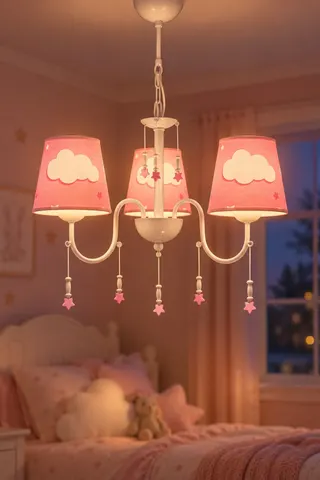 Çocuk Odası Kumaş 3'lü Abajur Avize-pembe Bulut — 3. görsel