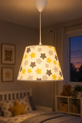 Bebek ve Çocuk Odası Konik Kumaş Sarkıt Avize 20 cm Gri Sarı Yıldız — 3. görsel