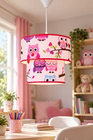 Çocuk Odası İkili Silindir Kumaş Sarkıt Avize 25 cm Pembe Baykuş — 2. görsel