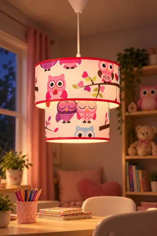Çocuk Odası İkili Silindir Kumaş Sarkıt Avize 25 cm Pembe Baykuş — 3. görsel
