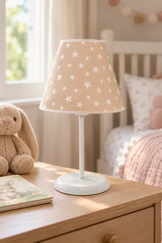 Bebek ve Çocuk Odası Konik Kumaş Abajur Masa Lambası Kapuçino Beyaz Yıldız