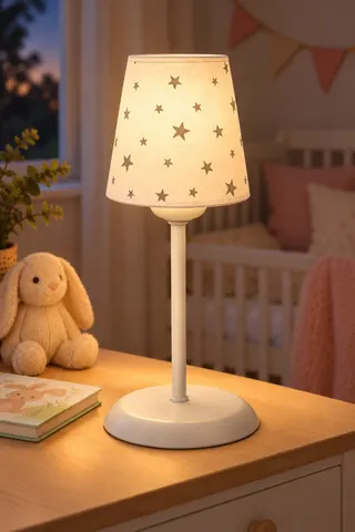 Bebek Çocuk Odası Konik Kumaş Abajur Masa Lambası 13,5 cm Beyaz Gri Yıldız — 3. görsel