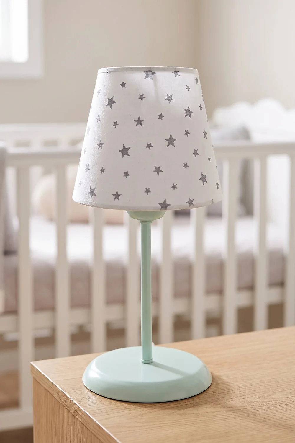 Bebek Çocuk Odası Konik Kumaş Abajur Masa Lambası 13,5 cm Beyaz Gri Yıldız