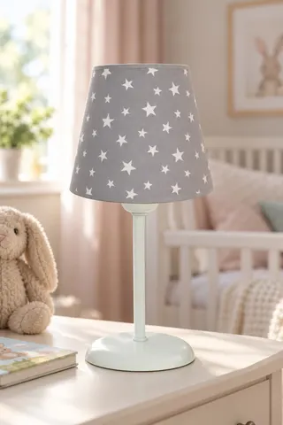 Bebek Çocuk Odası Konik Kumaş Abajur Masa Lambası 13,5 cm Gri Beyaz Yıldız