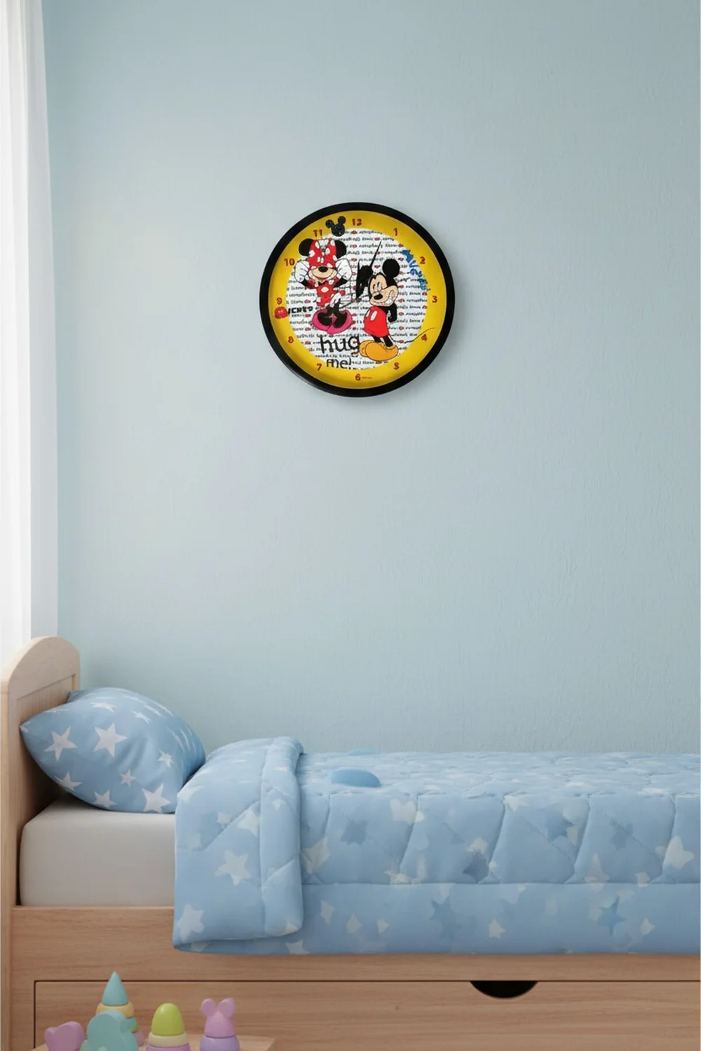 Lisanslı Mickey ve Minnie Mouse Çocuk Odası Duvar Saati Yuvarlak Plastik Pilli Sarı