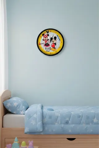 Lisanslı Mickey ve Minnie Mouse Çocuk Odası Duvar Saati Yuvarlak Plastik Pilli Sarı
