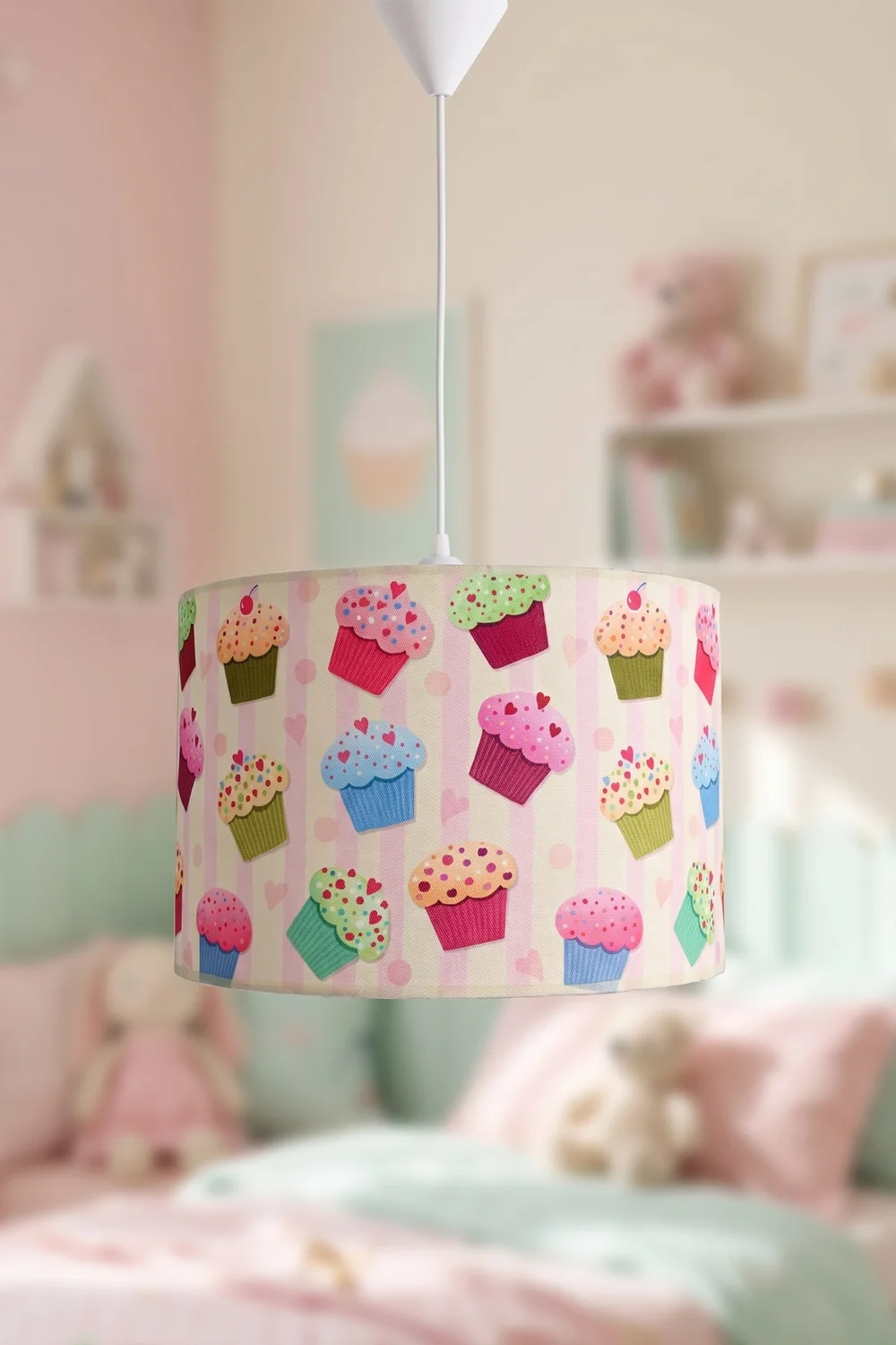 Bebek ve Çocuk Odası Silindir Kumaş Sarkıt Avize Pembe Cupcake