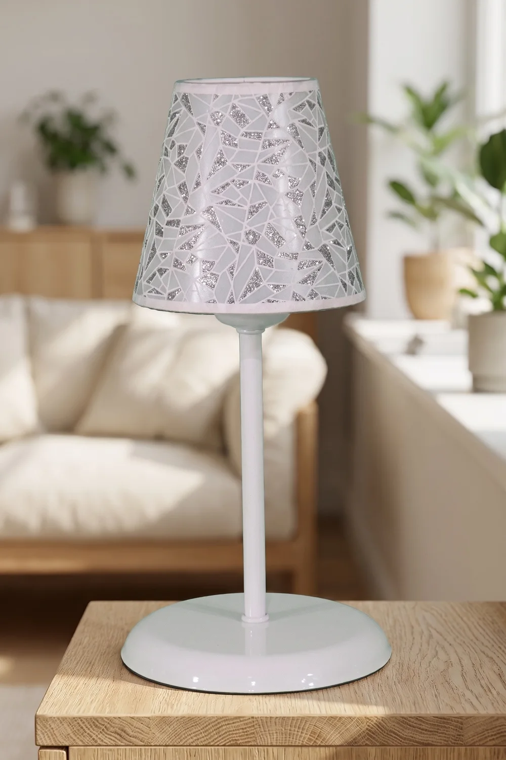 Metal Ayaklı Konik PVC Abajur Masa Lambası 14 cm Gümüş Simli Prizma