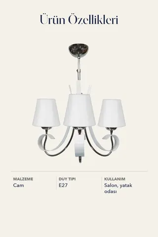 Dekoratif 3'lü Opal Konik Cam Krom Modern Avize Beyaz — 4. görsel