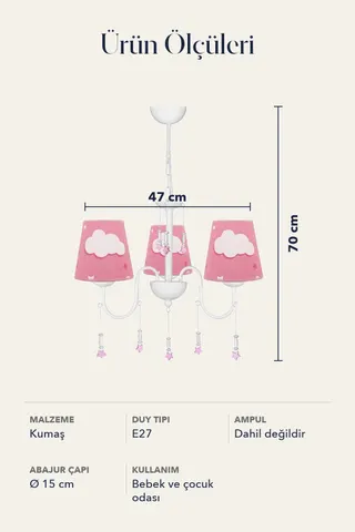 Çocuk Odası Kumaş 3'lü Abajur Avize-pembe Bulut — 5. görsel