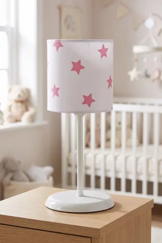 Bebek ve Çocuk Odası Silindir Kumaş Abajur Masa Lambası Beyaz Pembe Yıldız