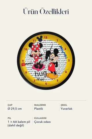 Lisanslı Mickey ve Minnie Mouse Çocuk Odası Duvar Saati Yuvarlak Plastik Pilli Sarı — 4. görsel