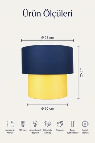 Genç Odası Taraftar İkili Silindir Kumaş Sarkıt Avize 25 cm Sarı Lacivert — 5. görsel