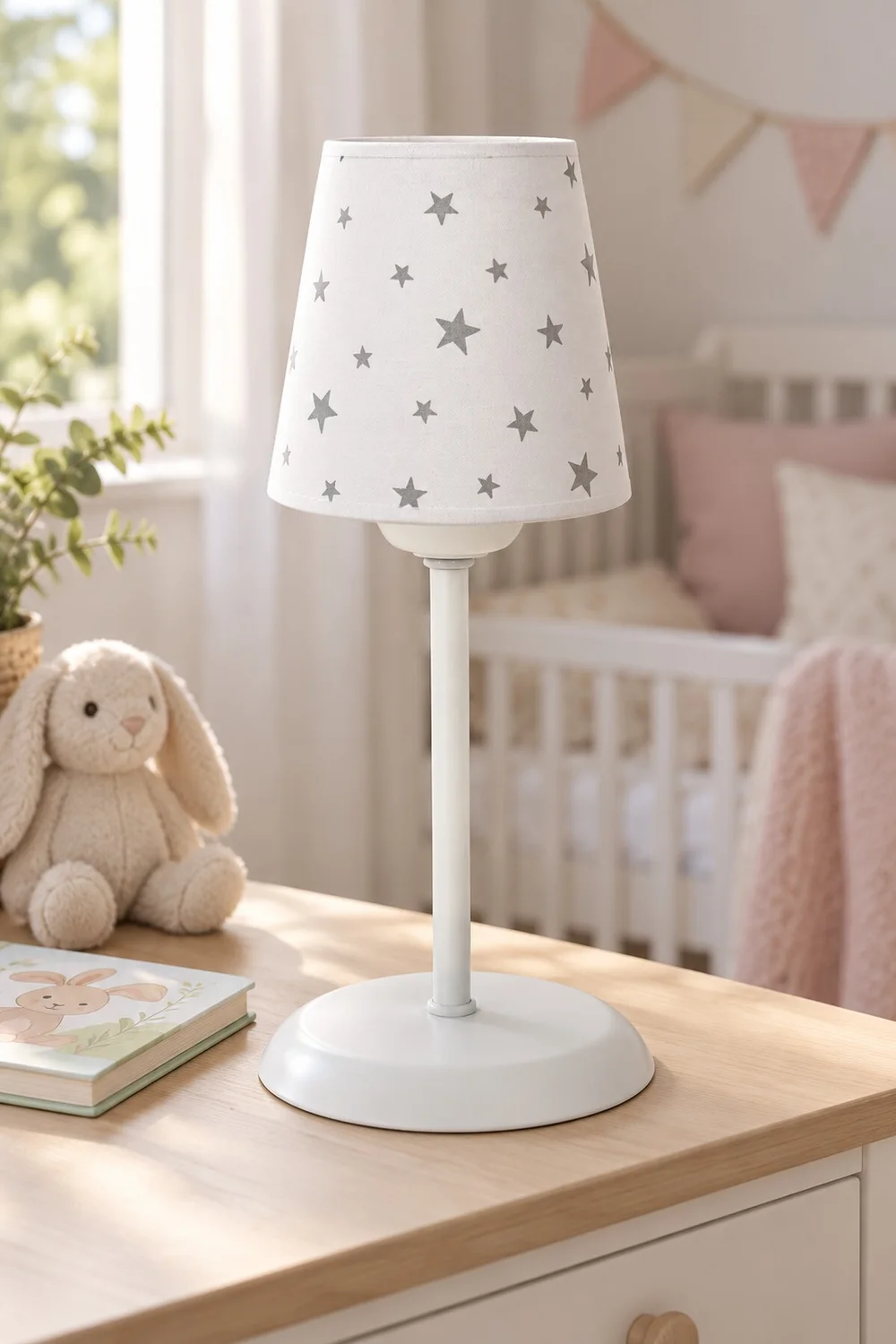Bebek Çocuk Odası Konik Kumaş Abajur Masa Lambası 13,5 cm Beyaz Gri Yıldız