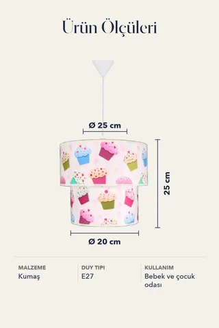 Bebek ve Çocuk Odası İkili Silindir Kumaş Sarkıt Avize Pembe Cupcake — 5. görsel