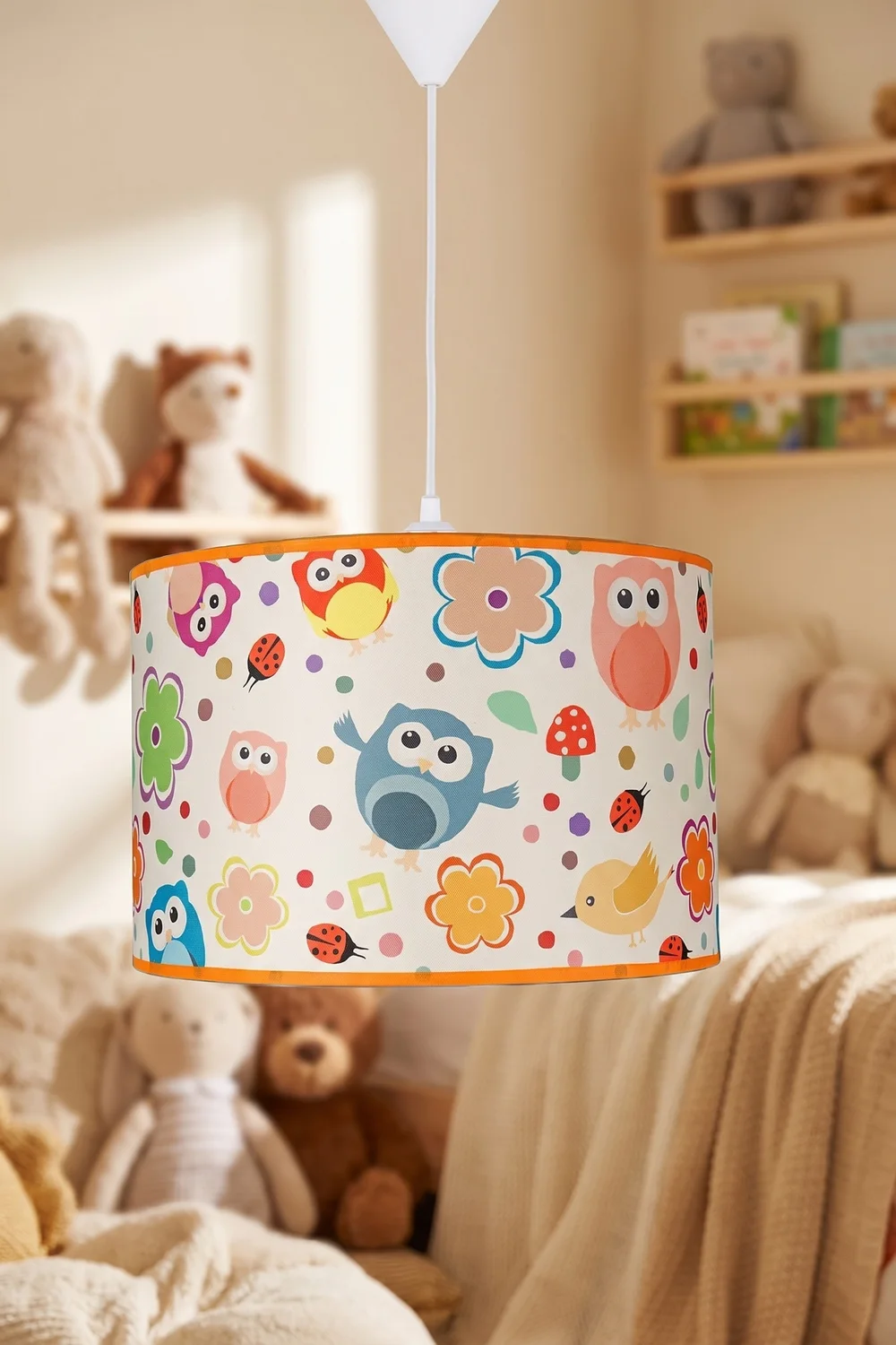 Çocuk Odası Silindir Kumaş Sarkıt Avize 30 cm Turuncu Baykuş