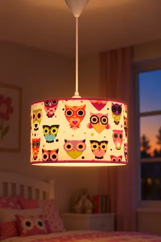 Çocuk Odası Silindir Kumaş Sarkıt Avize 30 cm Pembe Baykuş — 3. görsel