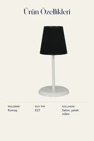 Metal Ayaklı Konik Kumaş Abajur Masa Lambası Siyah Salon Yatak Odası — 5. görsel