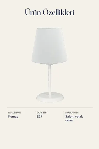 Metal Ayaklı Konik Kumaş Abajur Masa Lambası Beyaz Salon Yatak Odası — 5. görsel
