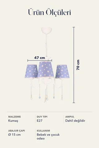 Bebek ve Çocuk Odası 3'lü Kumaş Başlıklı Avize 15 cm Mavi Beyaz Yıldız — 5. görsel