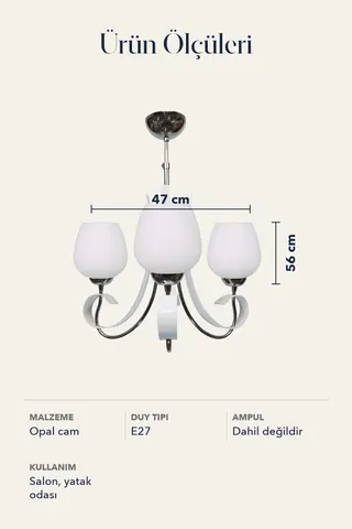 Dekoratif 3'lü Opal Cam Krom Modern Avize Beyaz Salon Yatak Odası — 5. görsel