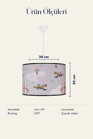 Çocuk Odası Silindir Kumaş Sarkıt Avize Gri Balon Uçak — 5. görsel