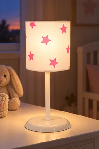 Bebek ve Çocuk Odası Silindir Kumaş Abajur Masa Lambası Beyaz Pembe Yıldız — 3. görsel