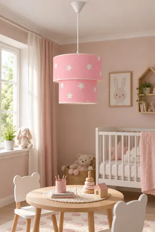 Bebek ve Çocuk Odası İkili Silindir Kumaş Sarkıt Avize Pembe Beyaz Yıldız — 2. görsel