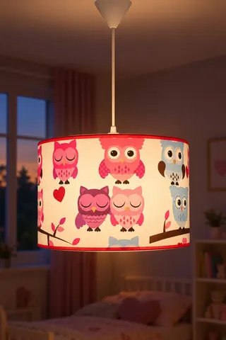 Çocuk Odası Silindir Kumaş Sarkıt Avize Pembe Baykuş Tavan Lambası — 3. görsel