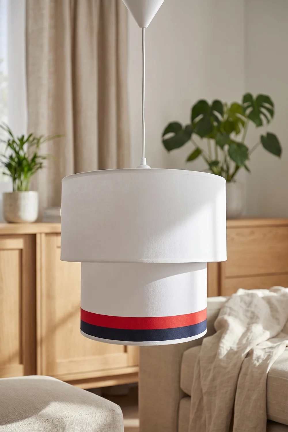 Modern İkili Silindir Kumaş Sarkıt Avize 25 cm Beyaz Kırmızı Şeritli