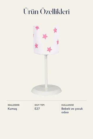 Bebek ve Çocuk Odası Silindir Kumaş Abajur Masa Lambası Beyaz Pembe Yıldız — 5. görsel