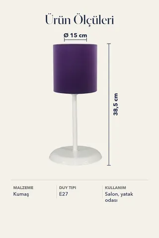 Metal Ayaklı Silindir Kumaş Abajur Masa Lambası Mor Salon Yatak Odası — 5. görsel