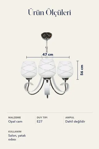 Dekoratif 3'lü Opal Cam Krom Modern Avize Beyaz Salon Yatak Odası — 5. görsel