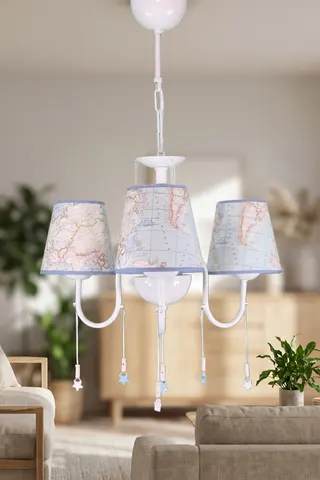 3'lü Kumaş Abajur Avize-mavi Harita