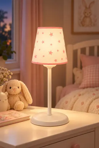 Bebek Çocuk Odası Konik Kumaş Abajur Masa Lambası 13,5 cm Beyaz Pembe Yıldız — 3. görsel
