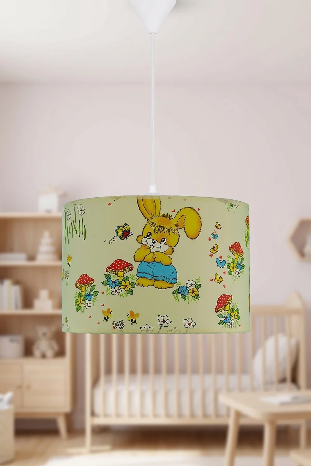 Çocuk Odası Silindir Kumaş Sarkıt Avize 30 cm Bej Tavşan