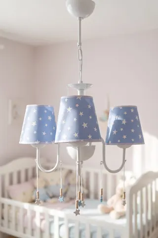 Bebek ve Çocuk Odası 3'lü Kumaş Başlıklı Avize 15 cm Mavi Beyaz Yıldız