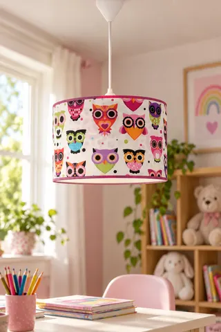 Çocuk Odası Silindir Kumaş Sarkıt Avize 30 cm Pembe Baykuş — 2. görsel