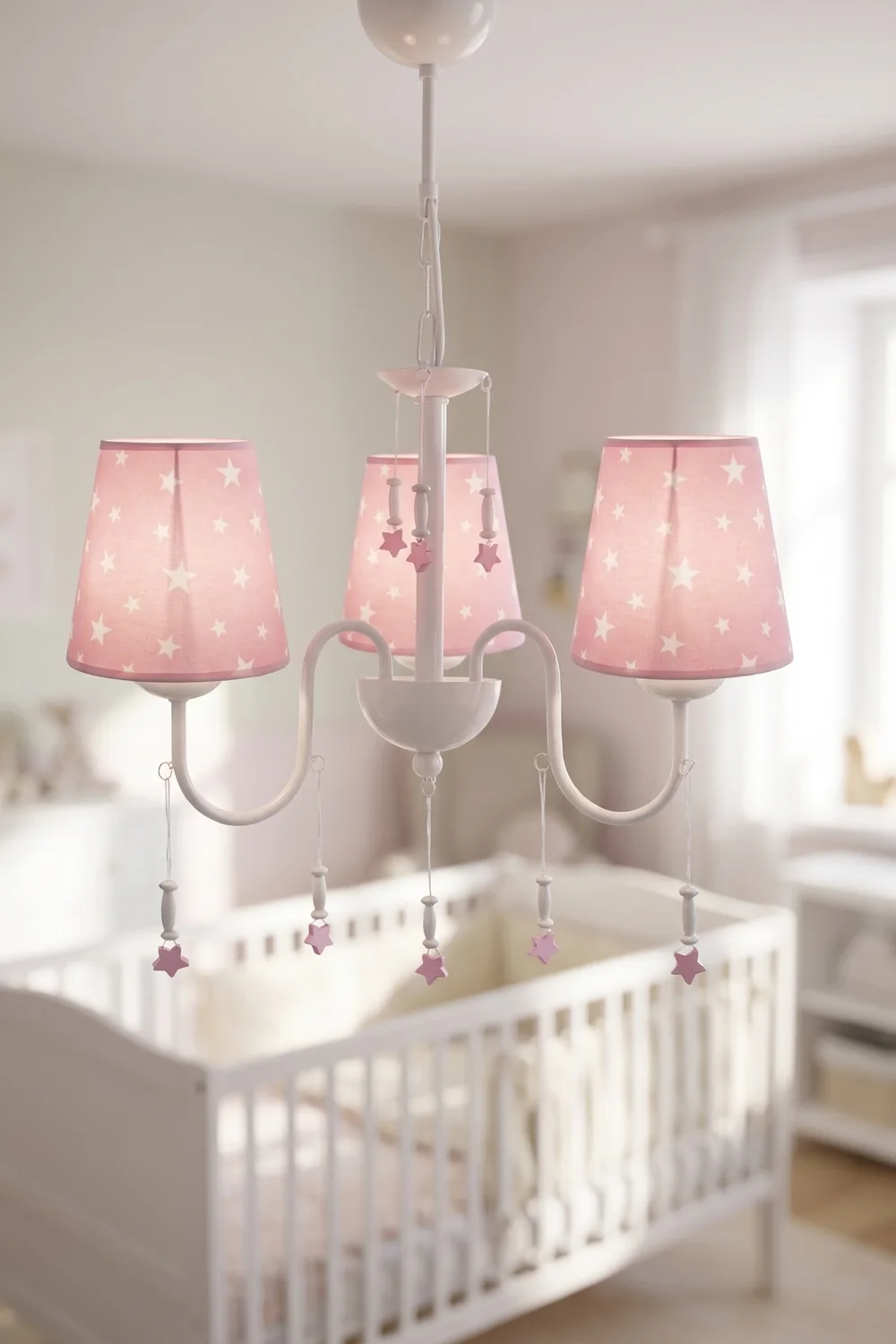 Bebek ve Çocuk Odası 3'lü Kumaş Başlıklı Avize Pembe Beyaz Yıldız