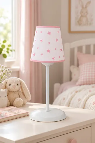 Bebek Çocuk Odası Konik Kumaş Abajur Masa Lambası 13,5 cm Beyaz Pembe Yıldız