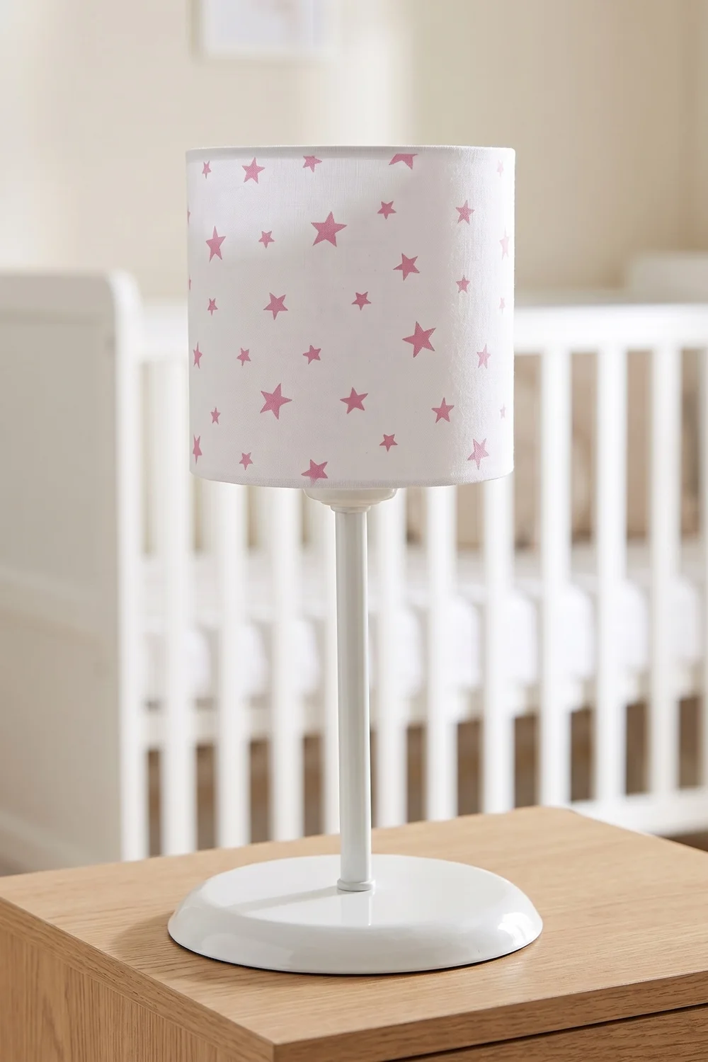 Bebek Çocuk Odası Silindir Kumaş Abajur Masa Lambası 15 cm Beyaz Pembe Yıldız