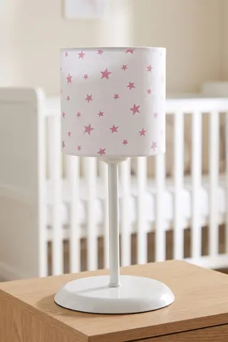 Bebek Çocuk Odası Silindir Kumaş Abajur Masa Lambası 15 cm Beyaz Pembe Yıldız