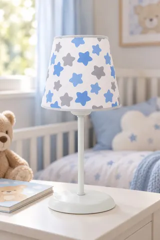 Bebek ve Çocuk Odası Konik Kumaş Abajur Masa Lambası Mavi Gri Yıldız