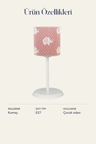 Çocuk Odası Silindir Kumaş Abajur Masa Lambası Pembe Fil — 5. görsel