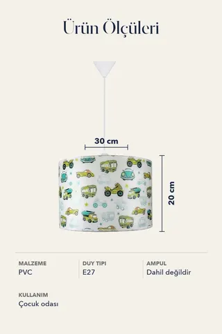 Çocuk Odası Silindir PVC Sarkıt Avize 30 cm Yeşil Arabalar — 5. görsel